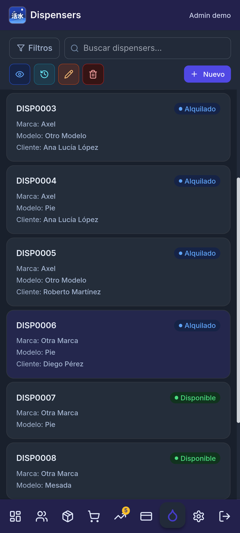 Vista del módulo Dispensers en IKIMIZU